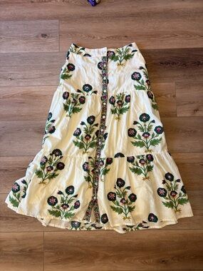 Embroidered White Floral Tiered Maxi Skirt